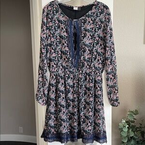 Roxy Dress Large Blue Pink Floral Long Sleeve Split Front Split Sleeves Lined